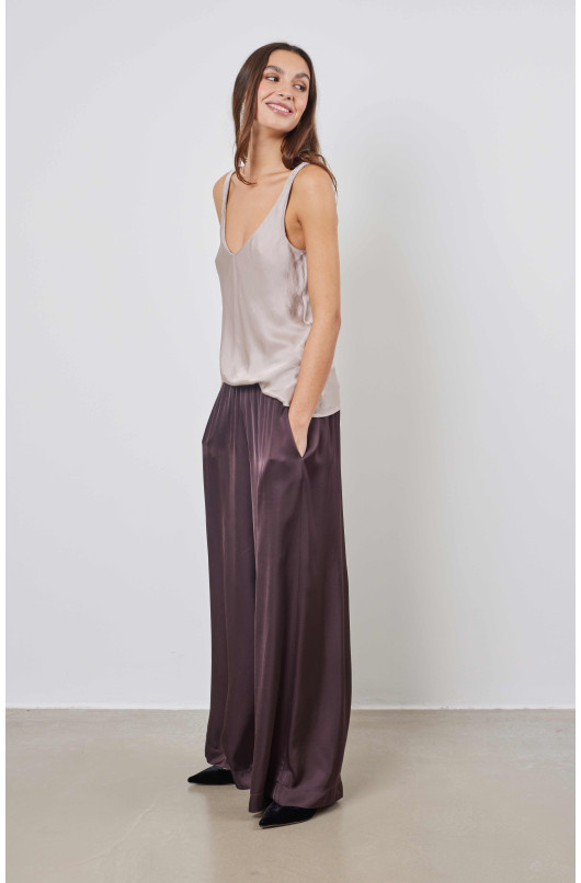stretch satin wide leg pants with elastic waistband, crafted in