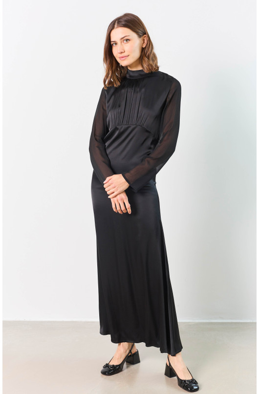 TWO-MATERIAL LONG DRESS WITH STAND-UP COLLAR - 9