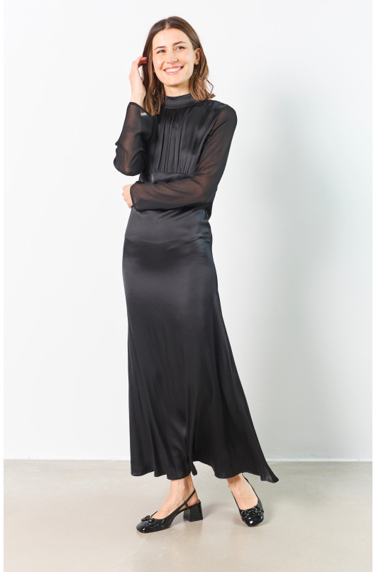 TWO-MATERIAL LONG DRESS WITH STAND-UP COLLAR - 8 - Love at Me - 8 