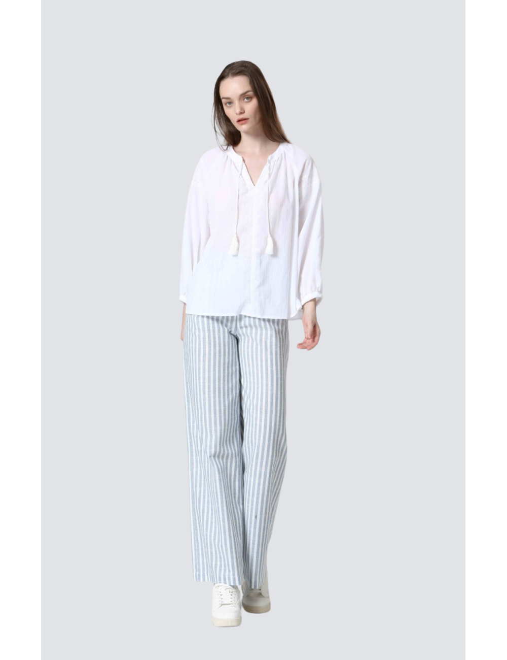 pantalon droit coton/lin rayee - 