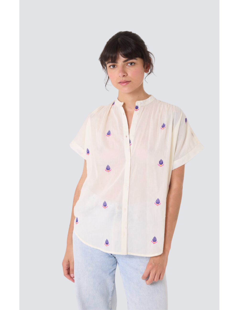 blouse brodée manches courtes col mao maya - 