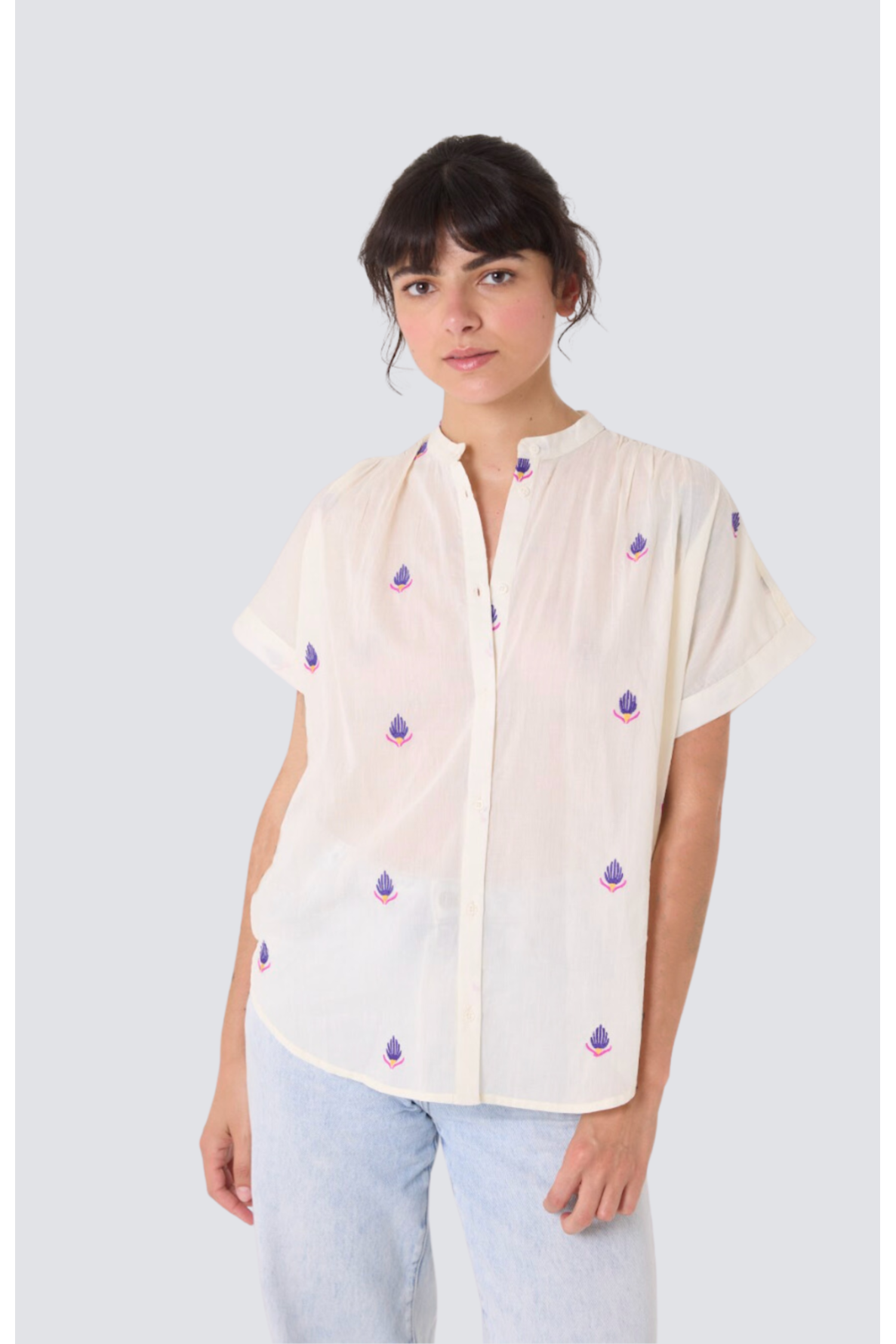 blouse brodée manches courtes col mao maya - 1